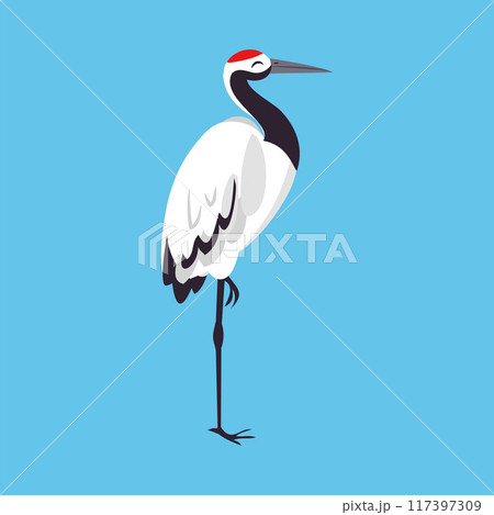 Red Crowned Crane as Long-legged and Long-necked Bird Standing on Blue Background Vector Illustration 117397309
