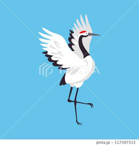 Red Crowned Crane as Long-legged and Long-necked Bird Standing with Spread Wings on Blue Background Vector Illustration Red Crowned Crane as Long-legged and Long-necked Bird Standing with Spread Wings on Blue Background Vector Illustration 117397313