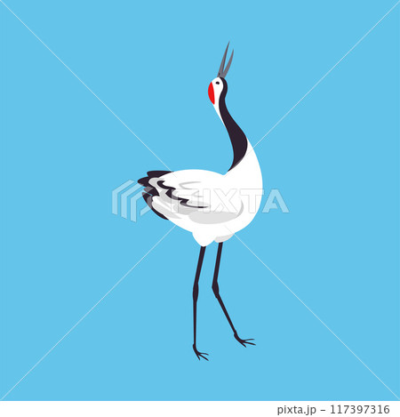 Red Crowned Crane as Long-legged and Long-necked Bird Walking on Blue Background Vector Illustration 117397316