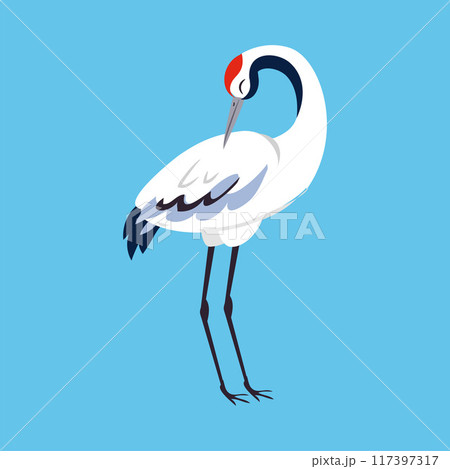 Red Crowned Crane as Long-legged and Long-necked Bird Standing on Blue Background Vector Illustration Red Crowned Crane as Long-legged and Long-necked Bird Standing on Blue Background Vector Illustration 117397317