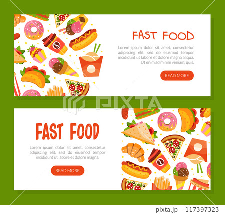 Fast Food Landing Page with Hot Dog and Pizza Vector Template 117397323