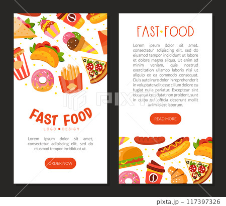 Vertical Card with Fast Food with Hot Dog and Pizza Vector Template Vertical Card with Fast Food with Hot Dog and Pizza Vector Template 117397326