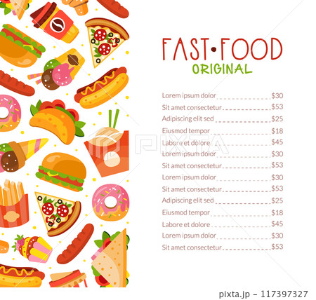 Fast Food Menu Card with Hot Dog and Pizza Vector Template 117397327