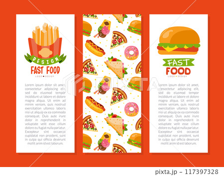 Vertical Card with Fast Food with Hot Dog and Pizza Vector Template 117397328