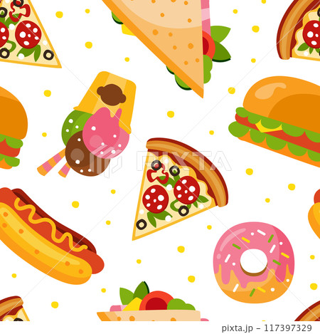 Fast Food with Hot Dog and Pizza Vector Seamless Pattern Template 117397329