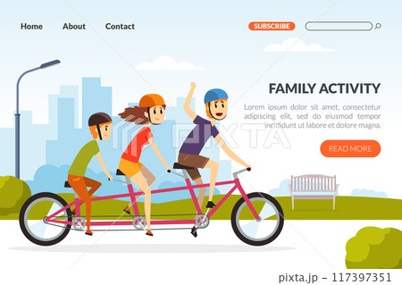 Landing Page with Happy Family Riding Bike Engaged in Weekend Activity Vector Illustration 117397351