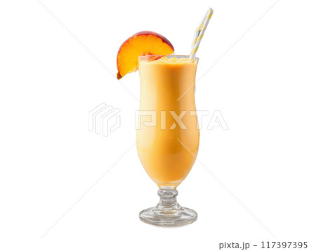 Peach Orange Smoothie A zesty peach orange smoothie in a curvy glass garnished with peach 117397395