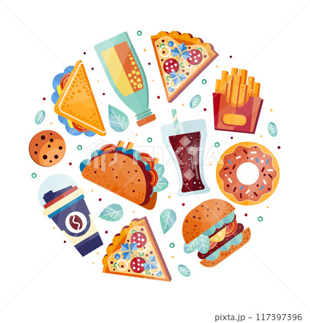 Fresh Fast Food and Drink Arranged in Circle Vector Template Fresh Fast Food and Drink Arranged in Circle Vector Template 117397396