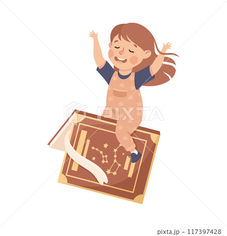 Little Girl Flying on Book Ready to Study Vector Illustration 117397428