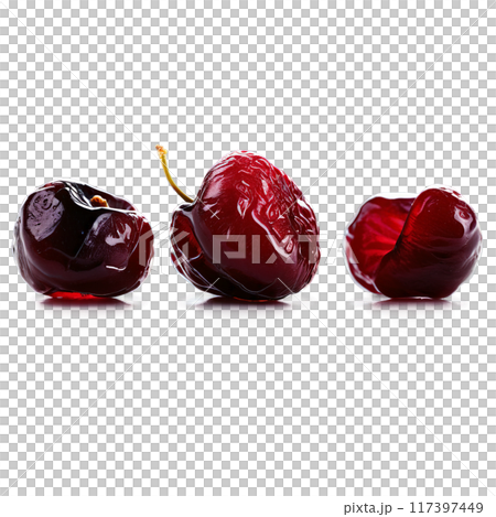 Dried cherries deep red and wrinkled with a light coating of sugar shot from a 117397449