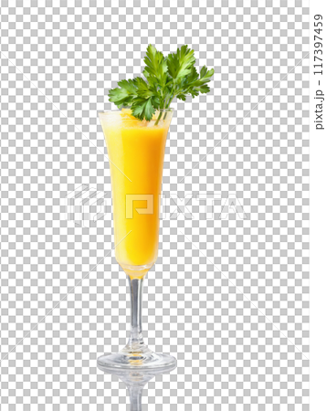 Spicy Mango Fruity yellow cocktail in a tall clear glass garnished with a slice 117397459