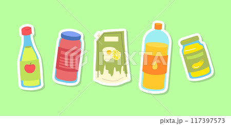 Cartoon Color Sauce Jar Bottle Stickers Set Concept Flat Design Style. Vector illustration of Olive Oil, Vinegar and Mayo 117397573