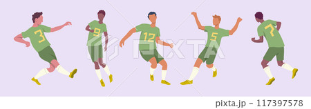 Cartoon Soccer Teams Players Characters Set in Green Uniforms Football Match Competition Concept Flat Design Style. Vector illustration 117397578