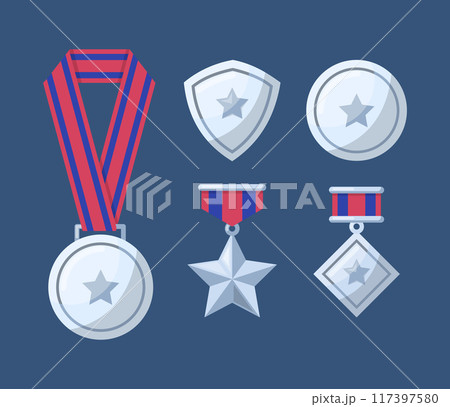 Cartoon Silver Awards Medals with Ribbon, Rhomb and Star Set. Vector illustration 117397580