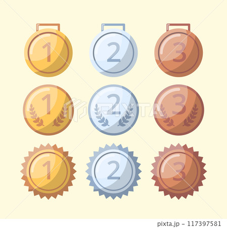 Cartoon Color Different Type Awards Medals without Ribbon Set Symbol of Win Competition. Vector illustration of Gold, Silver and Bronze Type 117397581