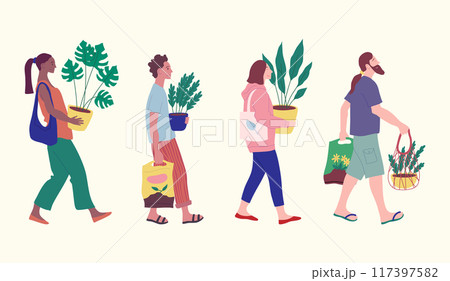 Cartoon Color Characters People Walking with Plants Concept Flat Design Style. Vector illustration of Man and Woman with Houseplant 117397582