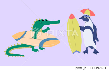 Cartoon Color Characters Animal Crocodile and Penguin Surfers Set Summer Vacation Activity Surfboarding Concept Flat Design Style. Vector illustration 117397601