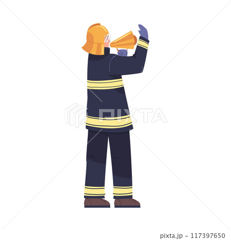 Man Firefighter Character Standing with Megaphone Warning About Emergency or Danger Vector Illustration 117397650