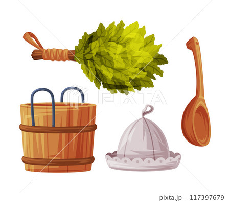 Wooden Barrel, Spoon and Oak Broom for Sauna as Finland Symbol and Attribute Vector Illustration Wooden Barrel, Spoon and Oak Broom for Sauna as Finland Symbol and Attribute Vector Illustration 117397679