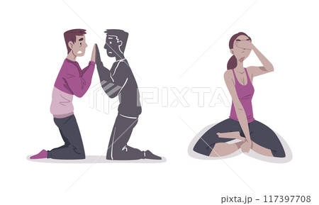 Mental health problems set. Boy suffering from split of personality, stressed depressed girl vector illustration 117397708