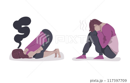Girls in depressive state of mind set. Mental health problems, stressed depressed people vector illustration 117397709