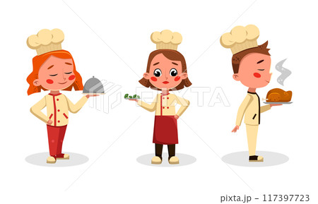 Cute children in uniform cooking tasty dishes set cartoon vector illustration Cute children in uniform cooking tasty dishes set cartoon vector illustration 117397723