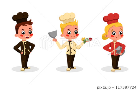 Cute children in uniform with kitchen tools set cartoon vector illustration Cute children in uniform with kitchen tools set cartoon vector illustration 117397724