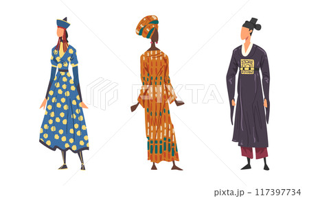 People in national clothing set. Man and women in traditional outfit of Mongolia, Japan, African cartoon vector illustration People in national clothing set. Man and women in traditional outfit of Mongolia, Japan, African cartoon vector illustration 117397734
