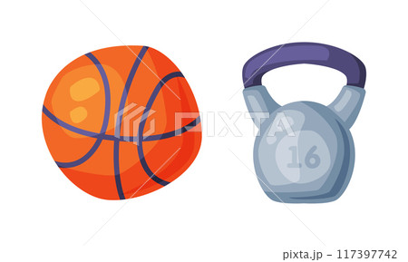 Kettlebell and basketball ball. Fitness sports equipment vector illustration Kettlebell and basketball ball. Fitness sports equipment vector illustration 117397742