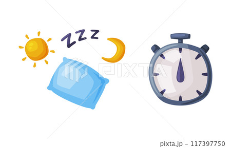 Sleep and rest mode. Pillow and stopwatch vector illustration 117397750