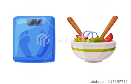 Bowl of fresh vegetable salad and floor scales. Healthy diet concept vector illustration 117397753