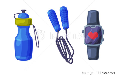 Water bottle, skipping rope and smart watch. Healthy diet concept vector illustration Water bottle, skipping rope and smart watch. Healthy diet concept vector illustration 117397754