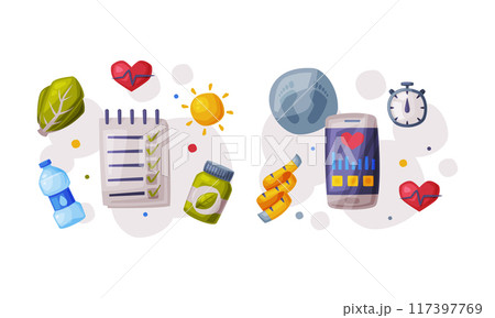 Healthy diet and sports objects set. Healthy nutritious food, supplements, scales and checklist vector illustration Healthy diet and sports objects set. Healthy nutritious food, supplements, scales and checklist vector illustration 117397769