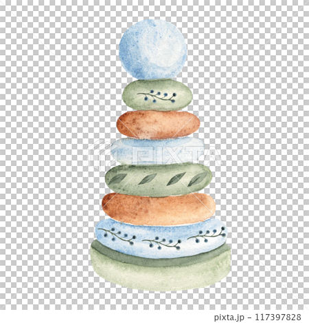 Wooden Pyramid with floral motives. Eco baby toy. Watercolor hand drawn illustration in blue, green and beige tones isolated on white background. Clip art for kids products, baby shower invitations Wooden Pyramid with floral motives. Eco baby toy. Watercolor hand drawn illustration in blue, green and beige tones isolated on white background. Clip art for kids products, baby shower invitations 117397828