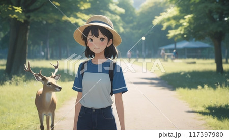 鹿と一緒にお散歩 117397980
