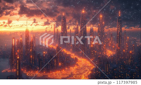 栄光の未来都市 - 夕暮れに輝く、希望の光 117397985