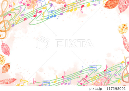 Autumn horizontal frame. Musical notes and orange yellow leaves on backdrop. Wavy music staff. International Music Day. Watercolor illustration. Copy space for text. For greeting, invitation 117398091
