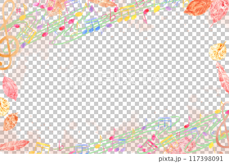 Autumn horizontal frame. Musical notes and orange yellow leaves on backdrop. Wavy music staff. International Music Day. Watercolor illustration. Copy space for text. For greeting, invitation 117398091