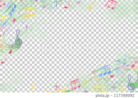 Musical multicolored notes on paint splatters. Flying music staff. Horizontal frame in green colors. International Music Day. Copy space for text. Watercolor illustration. For greeting, invitation 117398092
