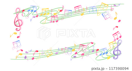 Musical elements. Notes and treble clefs on swirly music staff. Horizontal frame with empty space for text. International Music Day. Watercolor illustration for greeting, invitation, label 117398094