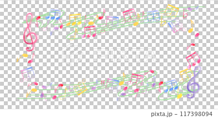 Musical elements. Notes and treble clefs on swirly music staff. Horizontal frame with empty space for text. International Music Day. Watercolor illustration for greeting, invitation, label 117398094