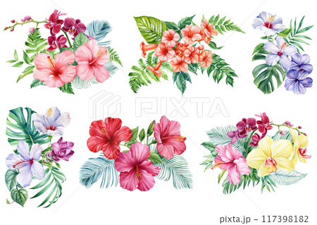 Bouquet of tropical flowers. Watercolor hibiscus flowering leaves, paradise flora. exotic floral painting, tropical card 117398182