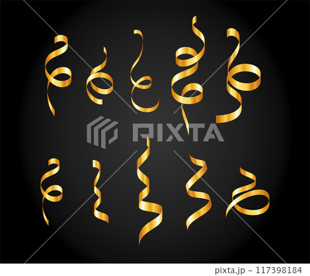 Gold confetti. Serpentine spiral ribbons. Golden luxury party decor. 117398184