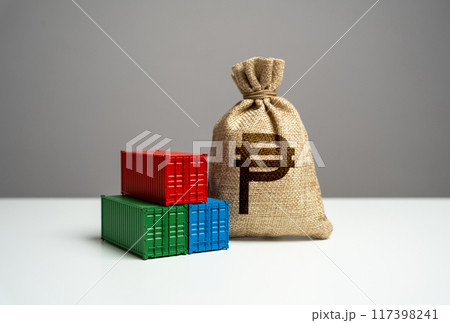 Philippine peso money bag and sea ship containers. Import or export. Trade, economics and transport industry. GDP and production. Production of containers. Tariffs fees and tax Philippine peso money bag and sea ship containers. Import or export. Trade, economics and transport industry. GDP and production. Production of containers. Tariffs fees and tax 117398241