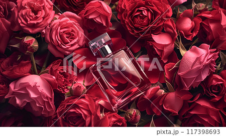 Perfume bottle with beautiful flowers. Floral background. Beauty concept. Flat lay, top view. 117398693