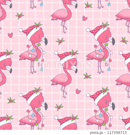 Seamless pattern with cute Christmas flamingo in Santa hat with festive garland on pink checkered background. Xmas holiday cartoon kawaii bird character. Vector illustration. Kids collection. Seamless pattern with cute Christmas flamingo in Santa hat with festive garland on pink checkered background. Xmas holiday cartoon kawaii bird character. Vector illustration. Kids collection. 117398713