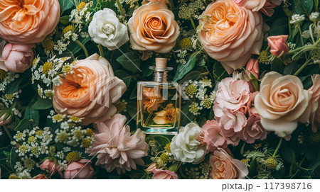 Perfume bottle with beautiful flowers. Floral background. Beauty concept. Flat lay, top view. 117398716