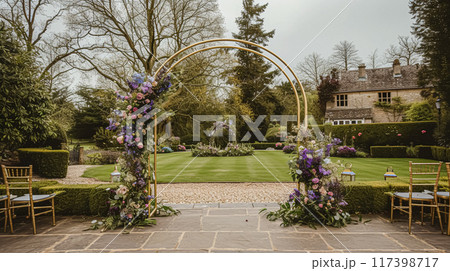 Wedding Ceremony Decorated with Lavender Flowers in the garden. Holiday concept 117398717