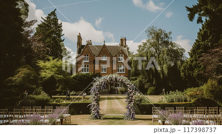 Wedding Ceremony Decorated with Lavender Flowers in the garden. Holiday concept 117398737
