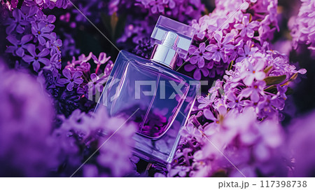 Perfume bottle with beautiful flowers. Floral background. Beauty concept. Flat lay, top view. 117398738